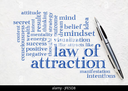 law of attraction word cloud on a white textured lokta paper Stock Photo