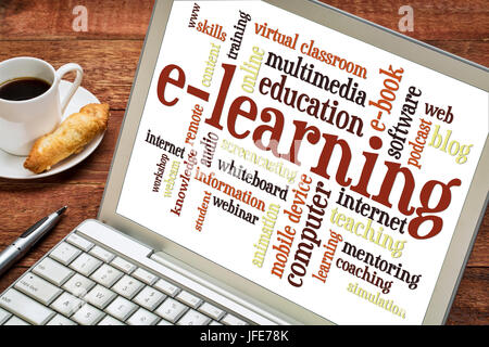 e-learning word cloud on a laptop screen with a cup of coffee, online education concept Stock Photo