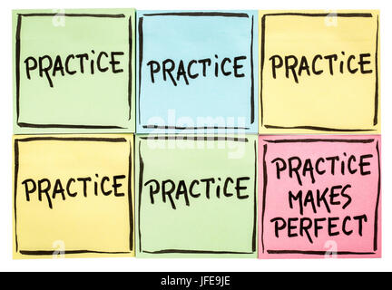 practice makes perfect concept - colorful sticky notes with black handwriting isolated on white Stock Photo