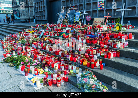 Berlin, Germany - April 14, 2017: Candles in Kaiser Wilhelm Memorial Church by the Berlin bombing occurred on December 19, 2016 in a Christmas market  Stock Photo