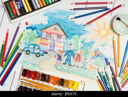 Hand drawn Bright Colorful Childrens Sketch With Happy Family,House, Dog,Car on the Lawn with Flowers with lying flat pencils,paints and pastel - conc Stock Photo
