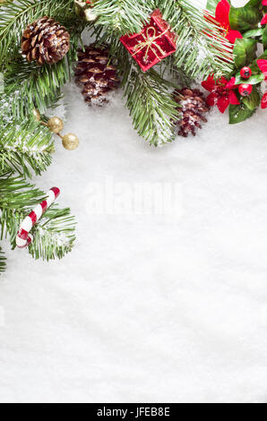 Christmas border decorations with snow on rustic wooden boards Stock ...