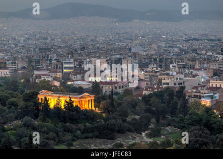 Aerial view of the illuminated, ancient Greek temple of Hephaestus in Agora Complex, Athens Stock Photo