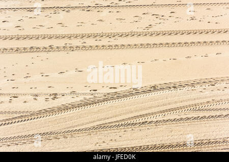 Traces of car tires on the sand as a background Stock Photo