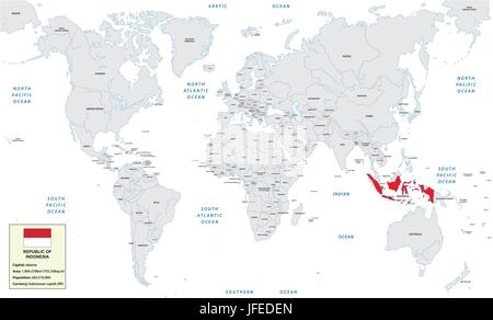 World map with Republic of Indonesia, small information box and flag Stock Vector