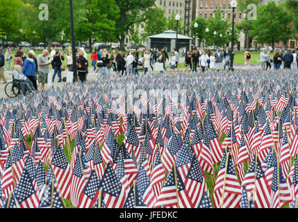 People viewing American flags planted in memory of servicemen, Memorial Day, Boston, MA Stock Photo