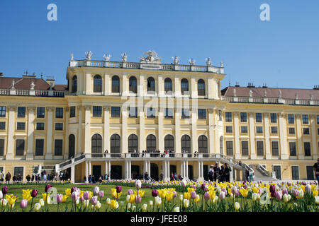 VIENNA, AUSTRIA - APR 30th, 2017: Schonbrunn Palace in Vienna. It's a former imperial 1441-room Rococo summer residence of Sissi Empress Elisabeth of Austria in modern Wien Schoenbrunn Stock Photo