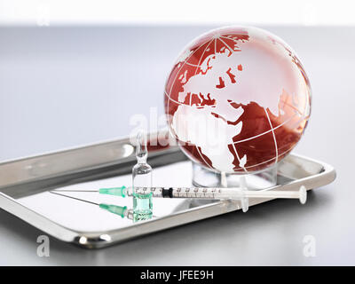 A globe with syringe and medicine to illustrate a cure for a worldwide pandemic.