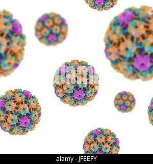 Human papilloma viruses. Seamless computer artwork of human papilloma virus (HPV) virions (particles). This virus consists of a protein capsid enclosing DNA (deoxyribonucleic acid), the virus' genetic material. HPV causes warts, which mostly occur on the hands and feet. Certain strains also infect the genitals. Although most warts are non-malignant (non-cancerous) some strains of HPV have been associated with cancers, especially cervical cancer. It is hoped that the Gardasil vaccine against the virus, which was approved for use in the UK on 8th June 2006, will drastically reduce the number of Stock Photo