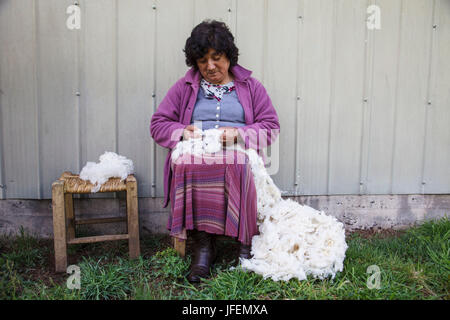 Chile, Araucania, Temuco, Mapuche, Fairly Trade, textiles, sheep's wool spin and wrap, woman, Stock Photo