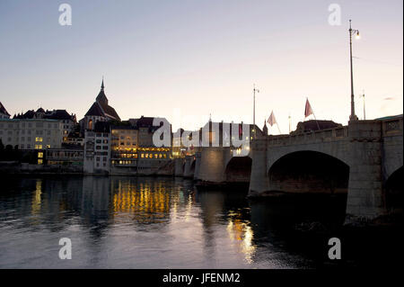 Switzerland, Basel, the Mittlere Brücke, bridge, over the river Rhine towards Big Basel, church, St. Martin Stock Photo