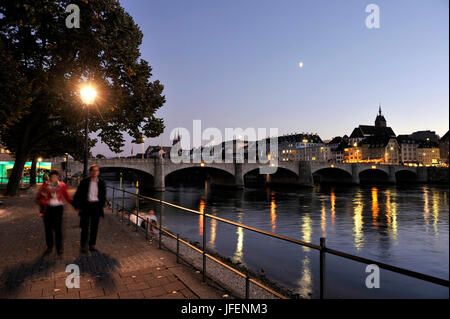 Switzerland, Basel, the Mittlere Brücke, bridge over the river Rhine towards Big Basel, church, St. Martin and Cathedral in background Stock Photo