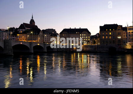 Switzerland, Basel, the Mittlere Brücke, bridge, over the river Rhine towards Big Basel, church, St. Martin Stock Photo