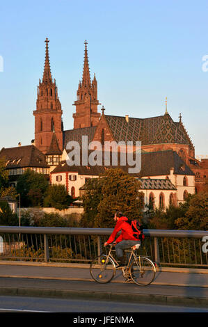 Switzerland, Basel, the Wettstein Bridge stepping over the Rhine river towards the Big Basel and Cathedral district with the Cathedral (Münster) Stock Photo