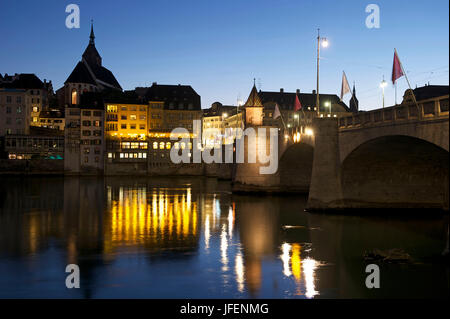 Switzerland, Basel, the Mittlere Brücke, bridge over the river Rhine towards Big Basel, church, St. Martin Stock Photo