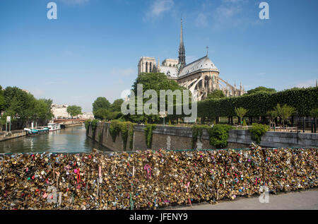 France, Paris City, Notre Dame Cathedral, Seine river, Hardware Wows Bridge, Stock Photo