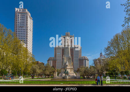 Spain, Madrid City, España Square, Cervantes Monument (Don Quijote) Stock Photo