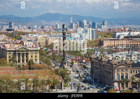 Spain, Catalonia, Barcelona City, Colombus Monument, Diagonal Mar District skyline Stock Photo