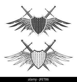 Two shields with swords and wings. Knight or heraldic design elements. Vector illustration isolated on white. Stock Vector