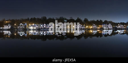 Night along Boathouse Row along the Schuylkill River in Philadelphia, Pennsylvania Stock Photo