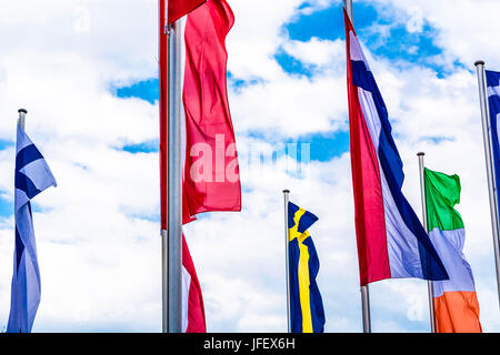Europe countries flags against a blue sky Stock Photo