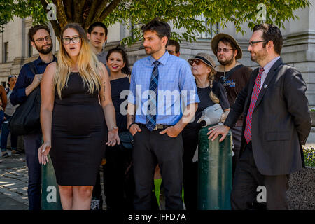 New York, New York, USA. 30th June, 2017. Keegan Stephan (C) and attorneys, Gideon Orion Oliver (R) and Elena Cohen (L), held a press conference at the NYS Supreme Court steps in Manhattan. Credit: PACIFIC PRESS/Alamy Live News Stock Photo