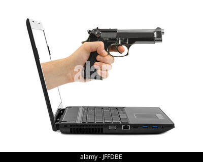 Hand with gun and notebook Stock Photo