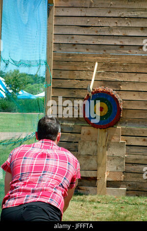 Axe throwing competition in Nova Scotia, Canada Stock Photo