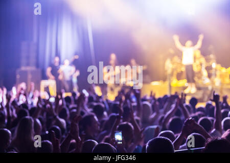 Crowd at concert and blurred stage lights . Stock Photo