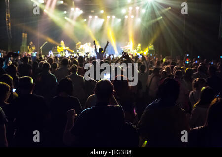 Crowd at concert and blurred stage lights . Stock Photo