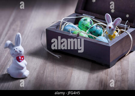 Easter bunny with colorful eggs in a box. Stock Photo
