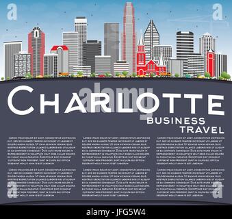 Charlotte Skyline with Gray Buildings, Blue Sky and Copy Space. Vector Illustration. Business Travel and Tourism Concept with Modern Architecture. Stock Vector