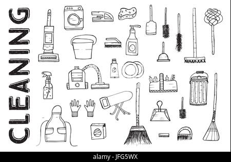 Cleaning Tools. Vector Illustration. Cleaning service. Cleaning supplies Isolated on White Background. Hand Drawn Cleaning products. Stock Vector