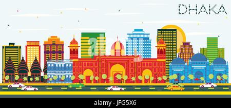 Dhaka Skyline with Color Buildings and Blue Sky. Vector Illustration. Business Travel and Tourism Concept with Historic Buildings. Stock Vector