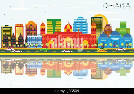 Dhaka Skyline with Color Buildings, Blue Sky and Reflections. Vector Illustration. Business Travel and Tourism Concept with Historic Buildings. Stock Vector