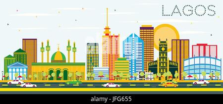 Lagos Skyline with Color Buildings and Blue Sky. Vector Illustration. Business Travel and Tourism Concept with Modern Buildings. Stock Vector