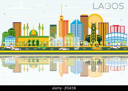 Lagos Skyline with Color Buildings, Blue Sky and Reflections. Vector Illustration. Business Travel and Tourism Concept with Modern Buildings. Stock Vector