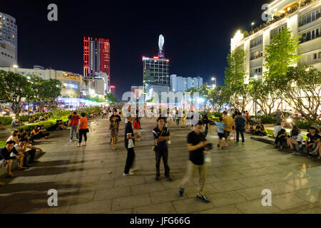 Nighttime photo of Nguyen Hue Street in Ho Chi Minh City, Vietnam, Asia Stock Photo
