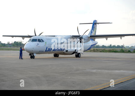 Lao Airlines propeller airplane on airport tarmac Stock Photo