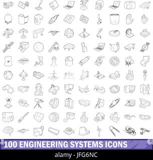 100 engineering systems icons set, outline style Stock Vector