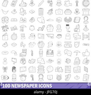 100 newspaper icons set, outline style Stock Vector