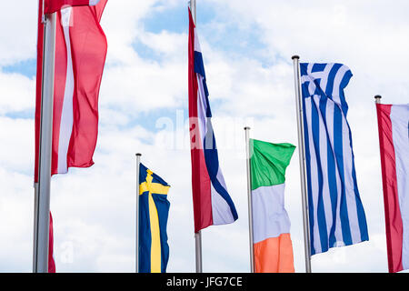Europe countries flags against a blue sky Stock Photo