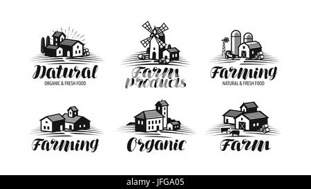 Farm, farming label set. Agriculture, agribusiness, building icon or logo. Lettering vector illustration Stock Vector