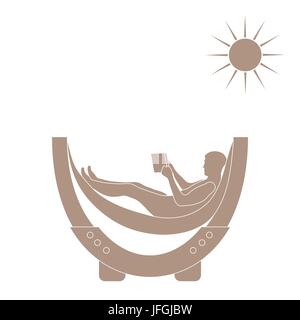 Vector illustration of man resting in a hammock with a book on a white background Stock Vector