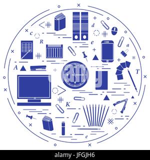 Set of different office objects arranged in a circle. Including icons of paper clips, buttons, pencils, glue, monitor, clock and other on white backgr Stock Vector