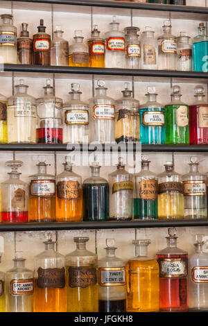 England, Birmingham, Dudley, The Black Country Living Museum, Traditional Pharmacy, Display of Victorian Era Medicine Bottles Stock Photo