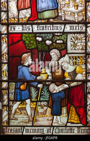 England, Yorkshire, Howarth, St.Michael and All Angels Church, Stained Glass Window dedicated to The Bronte Sisters Stock Photo