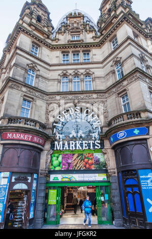 England, Yorkshire, Leeds, Entrance to Leeds City Market aka Kirkgate Market Stock Photo