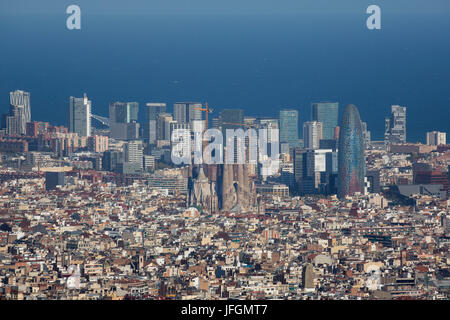 Spain, Catalunya, Barcelona City, Sagrada Familia and Diagonal Mar Skyline Stock Photo