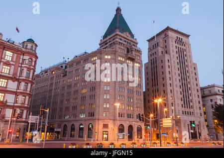 China, Shanghai, The Bund, Fairmont Peace Hotel and Bank of China Building Stock Photo